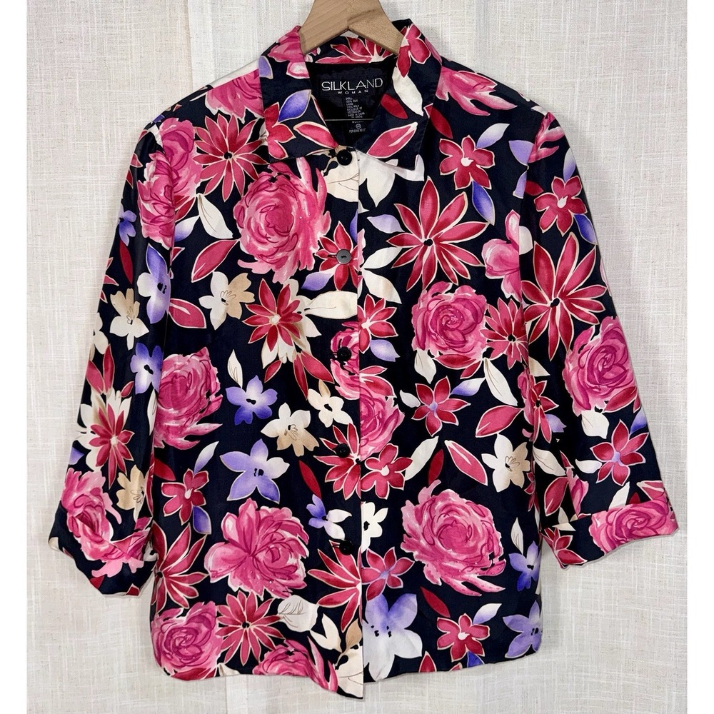 Vtg SilkLand Women's Button Front Sz 14 100% Silk Beaded Jacket Blazer Floral